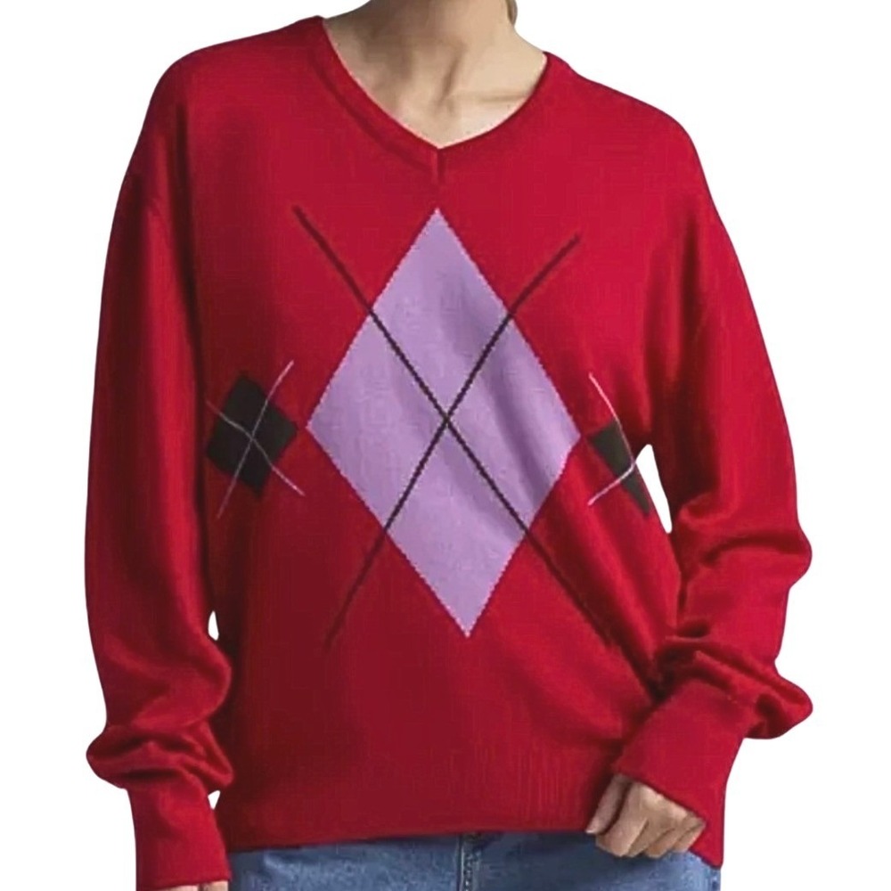 BDG Urban Outfitters NWT Red Tashi Argyle Oversized V Neck Sweater Size S Womens